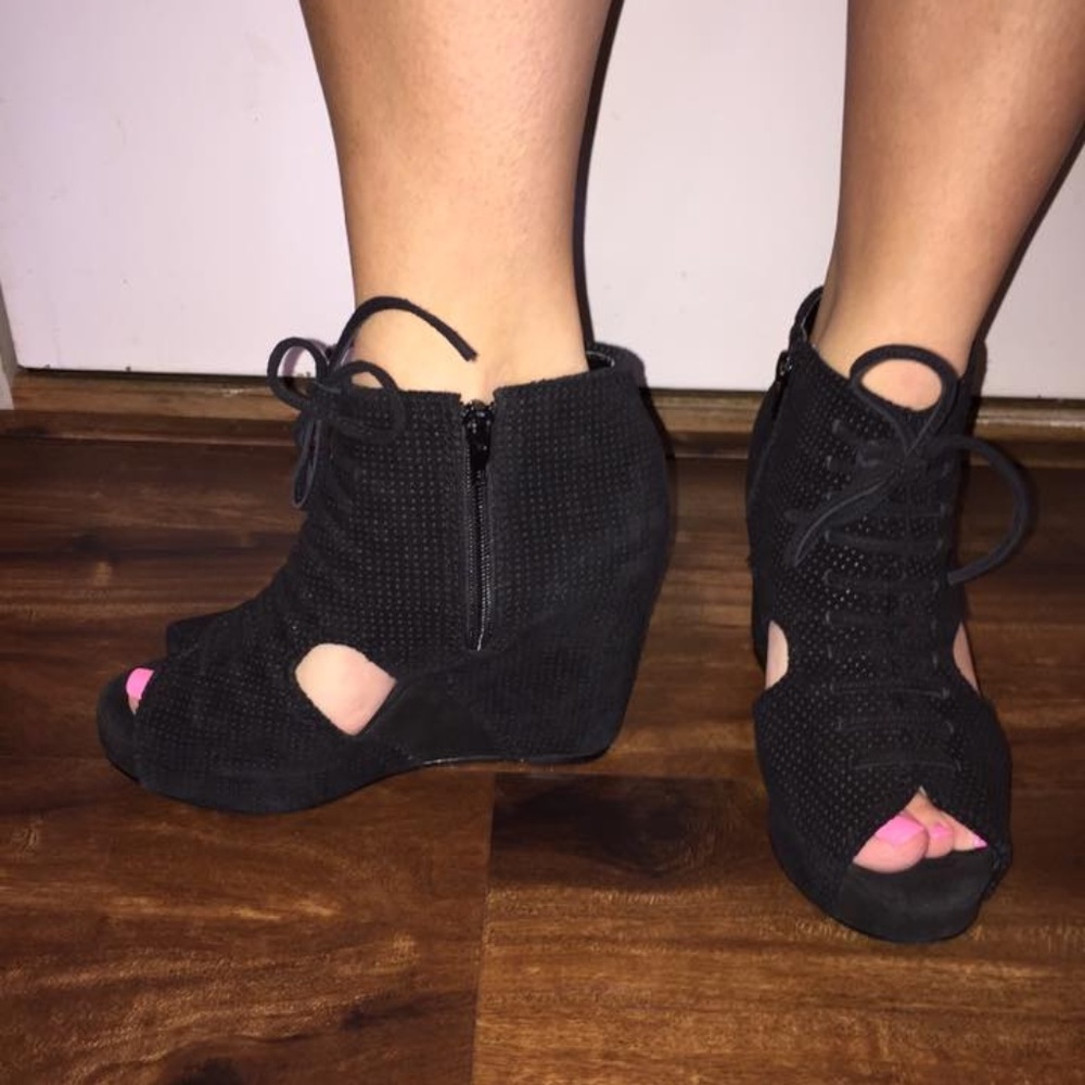 Jeffrey Campbell black suede cut out wedges size 7